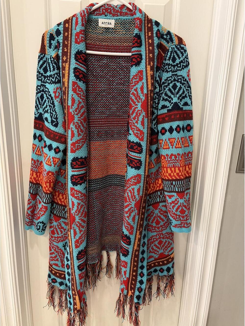 Adora Southwestern Fringe Open-Front Cardigan, size small/medium